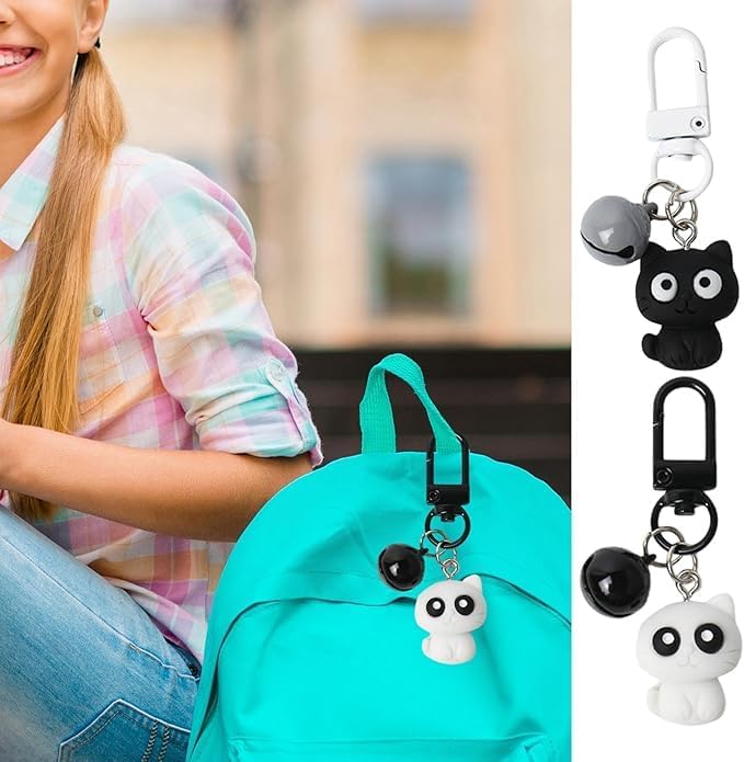 2 llaveros con dije de gato para llaves, mochila, bolso, joyería de moda para mujeres, parejas, regalos para amigos, Negro, 6x2.2cm
